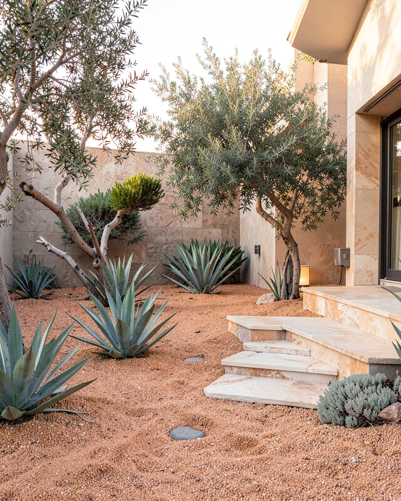 Refined San Diego courtyard with agave, olive trees and travertine steps