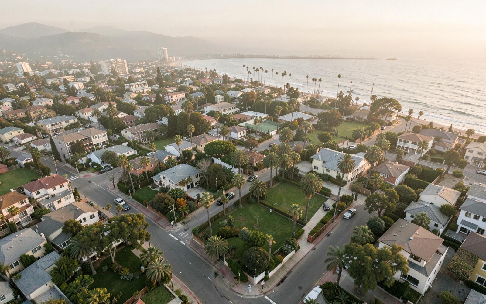 Aerial view of San Diego coastal neighborhoods with palm-lined streets