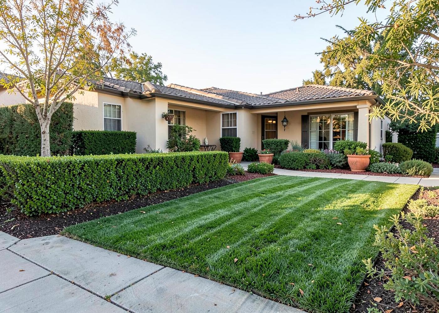 Immaculately maintained residential landscape with trimmed hedges and striped lawn