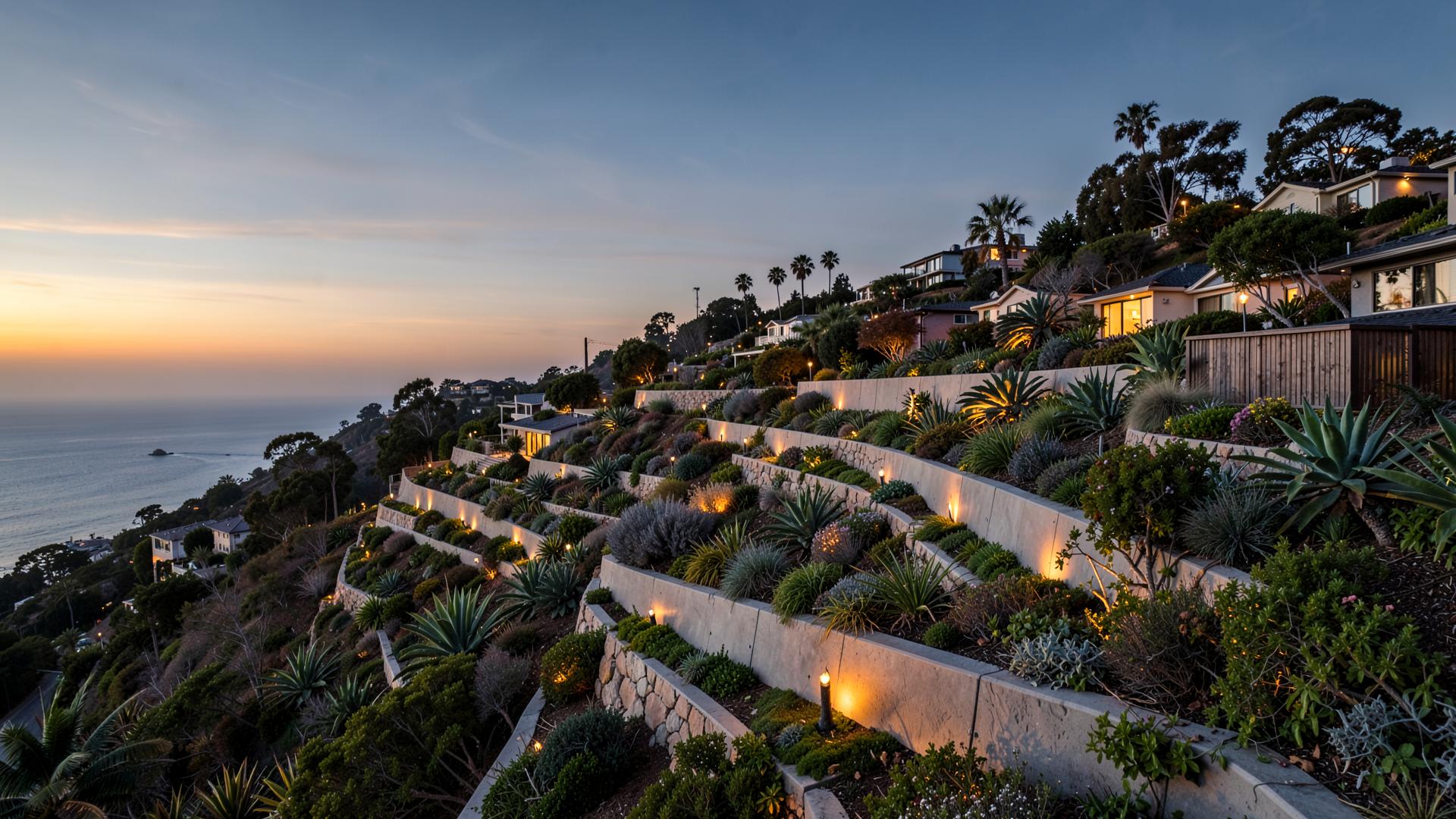 Terraced San Diego hillside landscape with retaining walls and warm landscape lighting at dusk